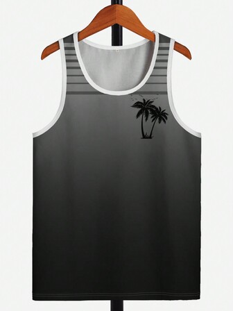 Camiseta de tirantes tipo hawaiana para hombres con estampado 3D de árbol de palma tropical y degradado