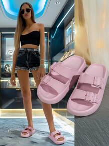 Adjustable Pink Indoor Outdoor Summer 2025 Soft, Lightweight And Comfortable Bathroom Slippers With Thick Soles, Double Strap For Plus Size, Unisex Beach & Shore