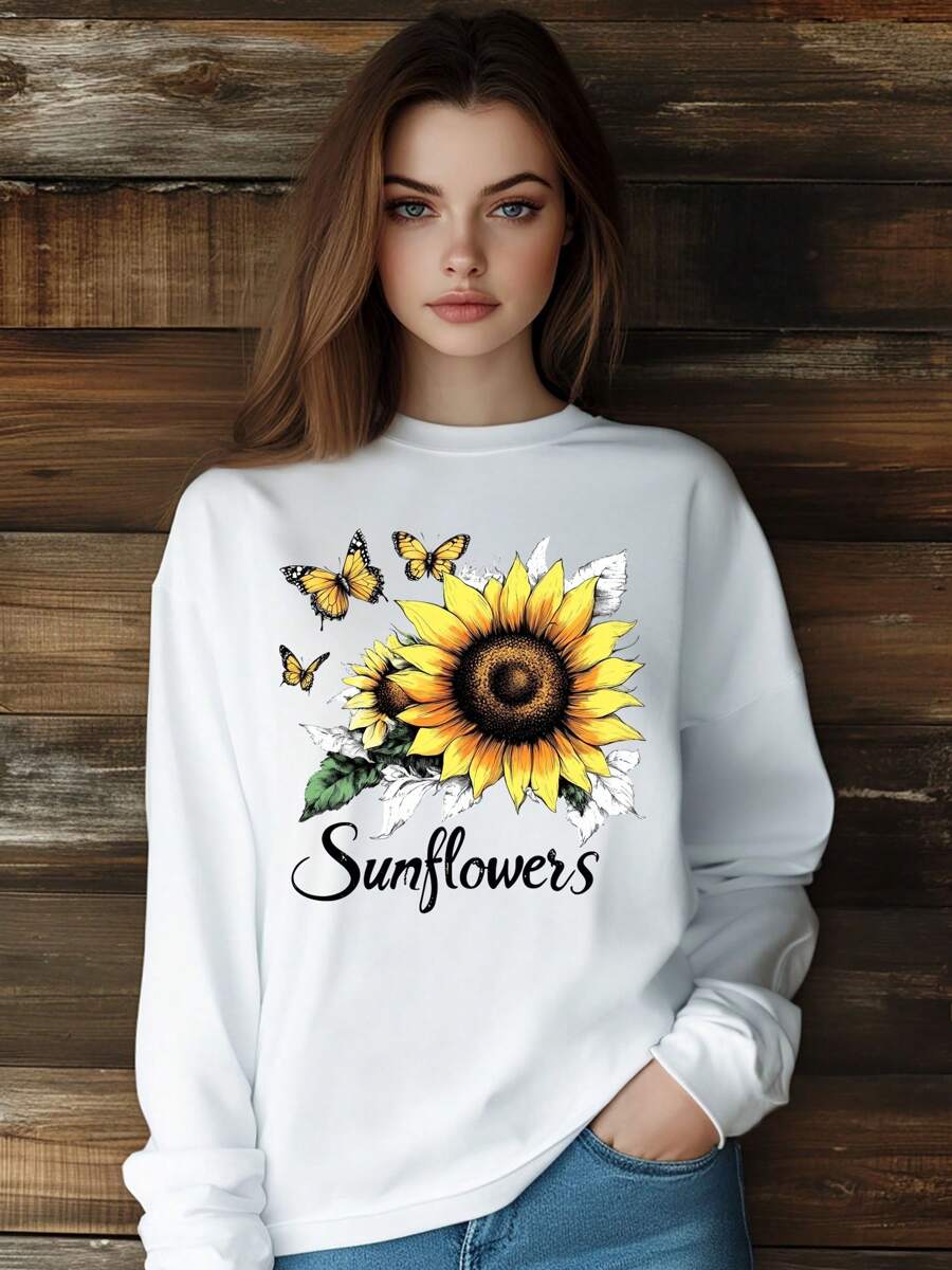 Women Retro Art Sunflower Butterfly Letters T-Shirt Fashion Print Long Sleeve Round-Neck Loose Fit Tops Streetwear - 白色 - 查看 1