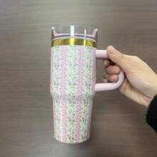 1个14OZ“中国风花卉印花”不锈钢保温杯，便携车载冰淇淋杯吸管杯，保温咖啡杯，杯身造型极具吸引力，冷热皆宜，防滑防漏防摔杯身，双层隔热，适合居家办公，户外休闲，办公室返校 - 彩色 - 查看 14