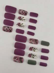 24片花卉图案短方形美甲贴纸，浪漫时尚，适合女性日常、派对、节日佩戴，包含果冻胶和指甲锉，按压式美甲贴纸，美甲用品