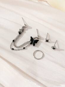 4pcs Dark Sweet Gothic Black Butterfly, Heart, Cross Pendant Earring Set, Chain Stud Earrings Suitable For Daily Wear And Parties (For Single Ear)