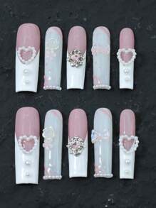 10 件手工假指甲按压指甲、长棺材指甲、婚礼指甲、白色情人节指甲、亚克力指甲套装 3D 水钻闪光人造宝石、心形、Y2K、Xxoo、法式尖头指甲设计美甲适合日常佩戴 DIY 美容礼物 - 彩色 - 查看 14