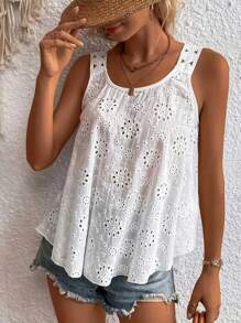 Plus Women' Hollowed Out Embroidered Sleeveless Tank Tops - White - View 2