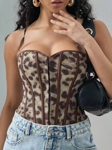 Áo corset kiểu dáng cổ điển Yuwenier họa tiết da báo, đính đinh tán phía trước, có gọng thép, dây buộc phía sau, áo hai dây ngắn hở lưng, thích hợp cho các lễ hội âm nhạc mùa hè. - màu nâu - Xem 4
