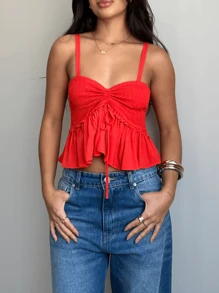 Women Spaghetti Strap Crop Tops Shirred Ruched Tie-Up Camisole Sweetheart Neck Sleeveless Ruffle Hem Babydoll Shirts - Red - View 1