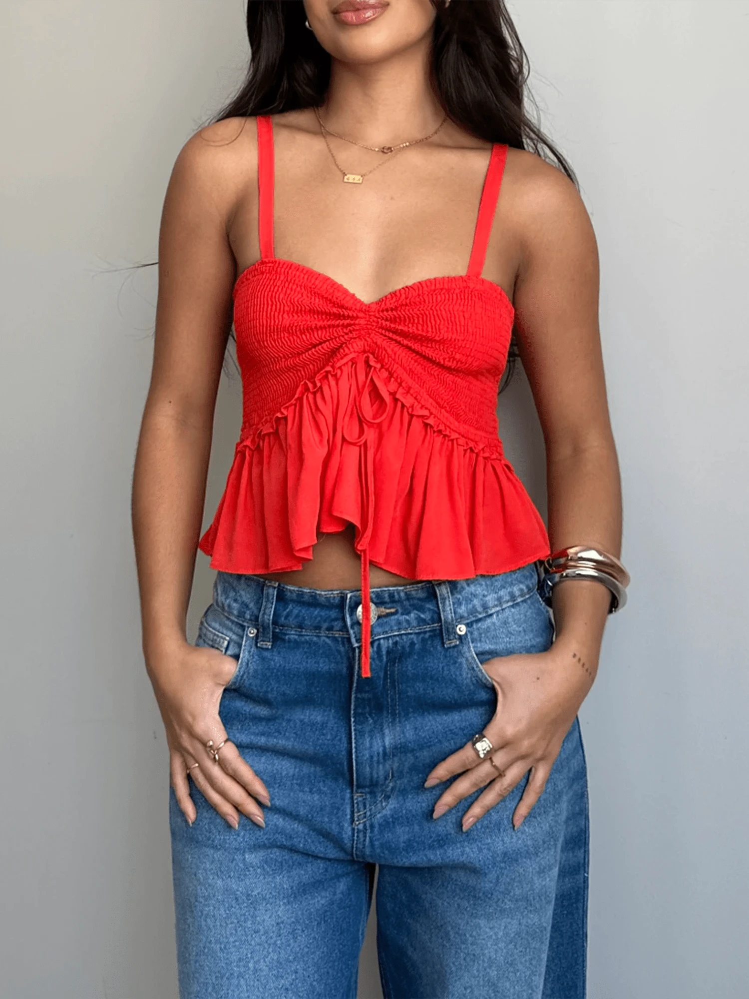 Women Spaghetti Strap Crop Tops Shirred Ruched Tie-Up Camisole Sweetheart Neck Sleeveless Ruffle Hem Babydoll Shirts - Red - View 1