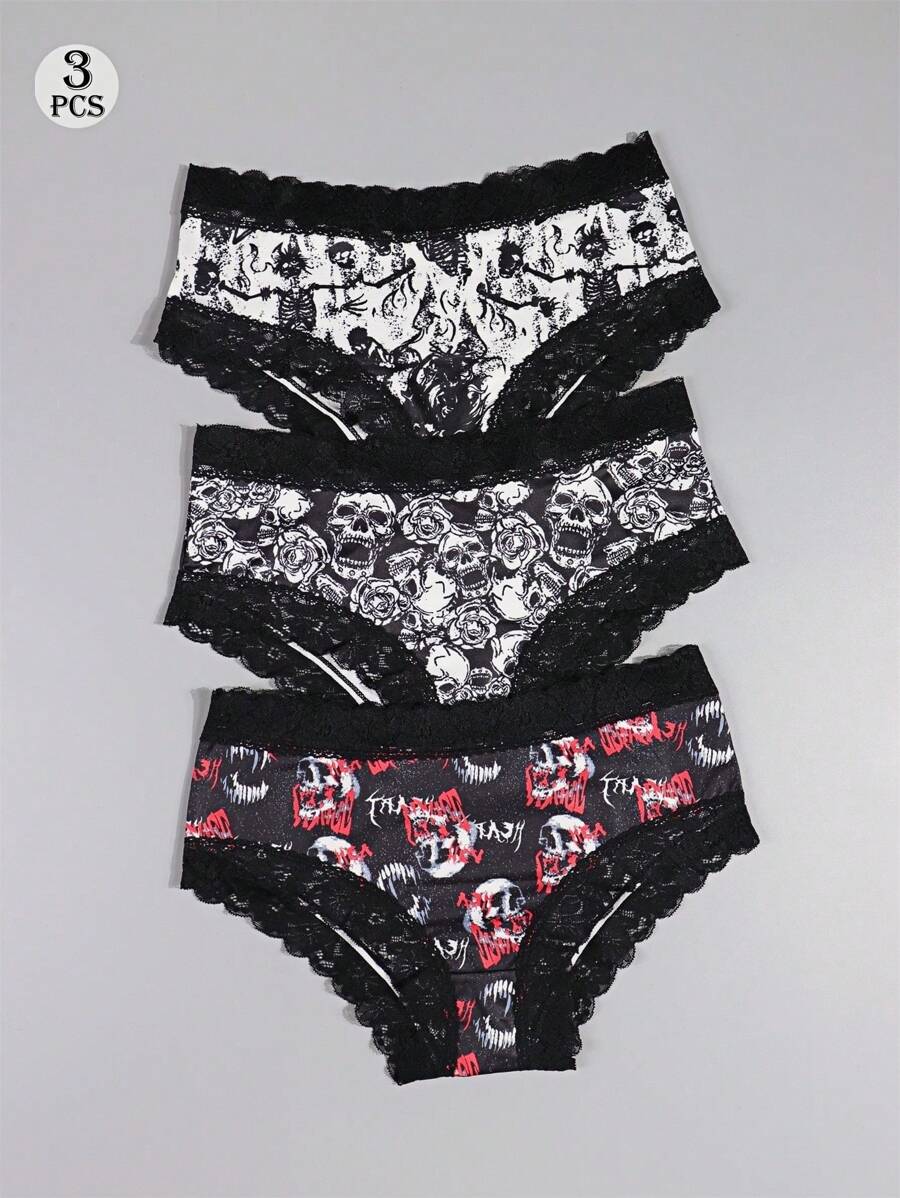 Dircho 3pcs Women Sexy Gothic Chic Contrast Lace Mid-Rise Bikinis - Contrast Lace, Allover Halloween S Skull & Skeleton Man Print, Comfortable Hipster Panties For Women - Halloween Lingerie & Underwear - Multicolor - View 1