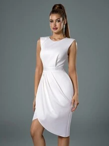 Fuaheng Round Neck Sleeveless Dress With Pleated Front, Minimalist White Party Cocktail Dress - White - View 2