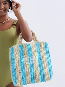 Borsa di paglia intrecciata a mano a righe, per la primavera e l'estate, con ricamo a lettere, borsa a tracolla da spiaggia per vacanze, dai colori contrastanti, piccola borsa intrecciata in carta (pendente non incluso)