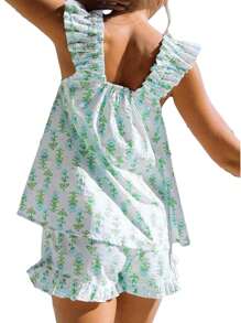 Women Floral Print Summer Set Square Neck Flutter Sleeve Loose Tank Tops Ruffled Shorts 2-Piece Outfits - 藍色 - 查看 8