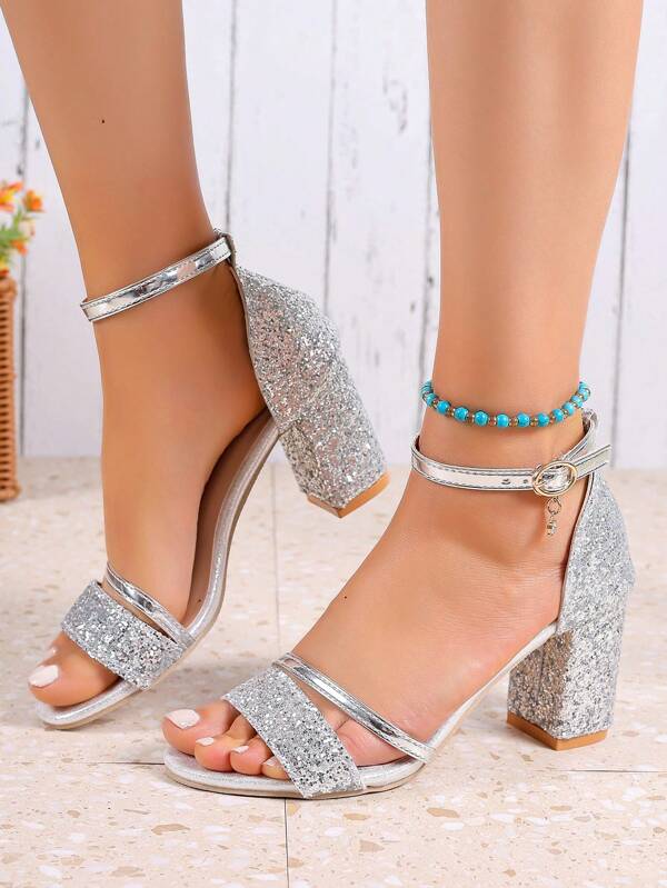 Sandali con tacco alto e punta aperta da donna, sandali con tacco basso/largo da donna per abiti da festa, con cinturino fibbia, tacco largo, glitterati, con tomaia scintillante, nuova moda 2024, comodi, di alta qualità, eleganti e romantici, sandali con cinturino alla caviglia adatti per lavoro, pendolarismo, uso quotidiano, disponibili nei colori nero, oro e argento