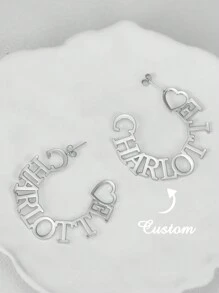 1 par de pendientes de aro con forma de corazón personalizada de 50 mm, pendientes redondos grandes de acero inoxidable para mujeres, joyería con placa con nombre en color dorado, accesorio para vacaciones y uso diario, regalo, joyería y reloj, elegante para el otoño, atuendo elegante - Chapado en platino. - Ver 2