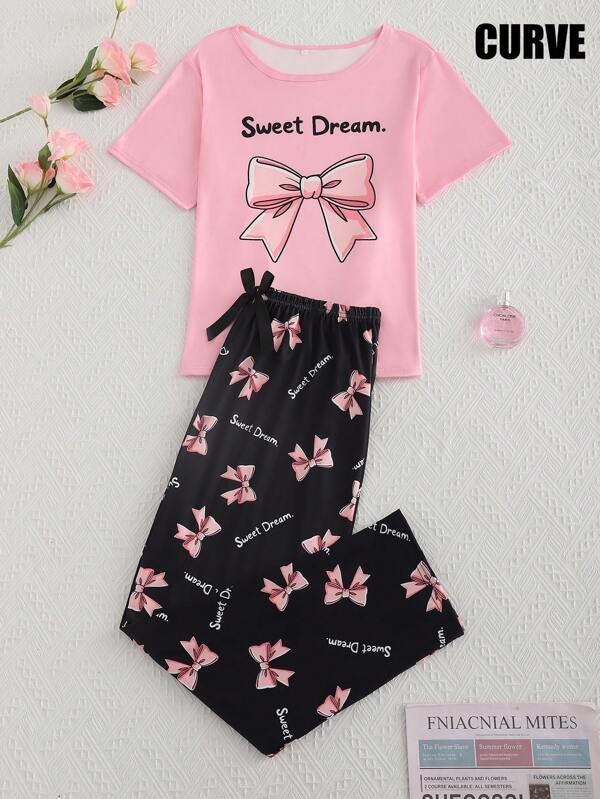 Pigiama casual da donna oversize, 2 pezzi con parte superiore a maniche corte con stampa a fiocco e slogan, collo rotondo, e pantaloni lunghi, in tessuto morbido e elasticizzato in maglia di poliestere, per uso domestico