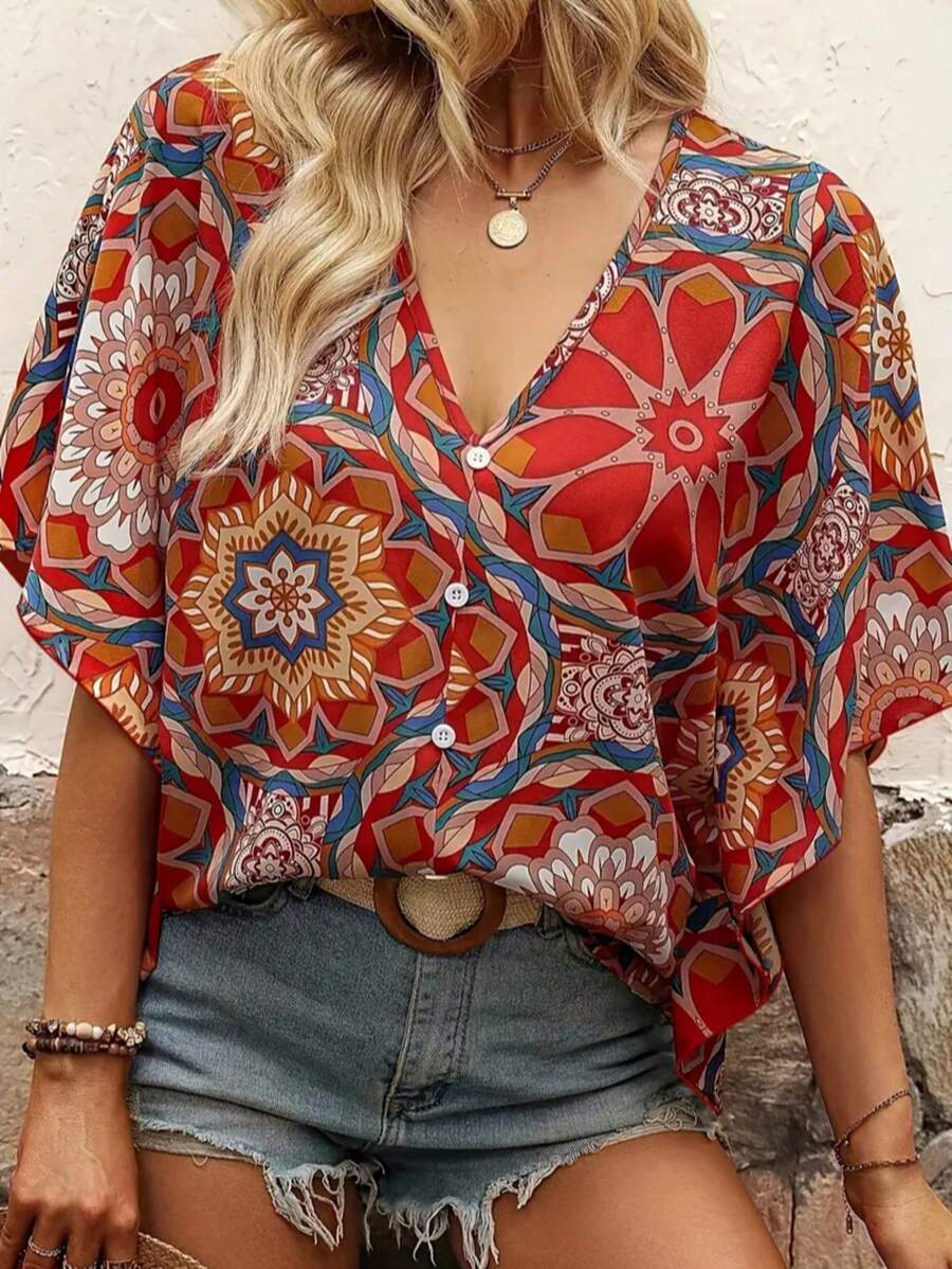 Bluzka damska w dużym rozmiarze z nadrukiem kwiatowym i rękawami typu nietoperz, z dekoltem w serek, elegancka na letnie wakacje