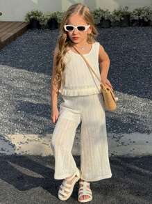 2pcs Young Girl Minimalist Elegant Style Solid Color Fringe Lace Camisole Top & Lace Pants Set, Summer - Beige - View 3