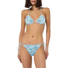 Women 2-Piece Swimsuits Lettuce Trim Halter Bikini Bra And Drawstring Briefs Sets For Summer Beachwear Bathing Suit - 水鴨藍 - 查看 2