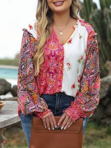 CILKOO Plus Size Women Multicolor Floral Patchwork Ruffle Cuff Button Down Shirt - Pink - View 5