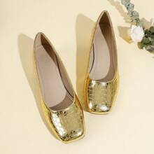 新款时尚方头一脚蹬平底鞋，百搭大码女鞋 - 金色 - 查看 3