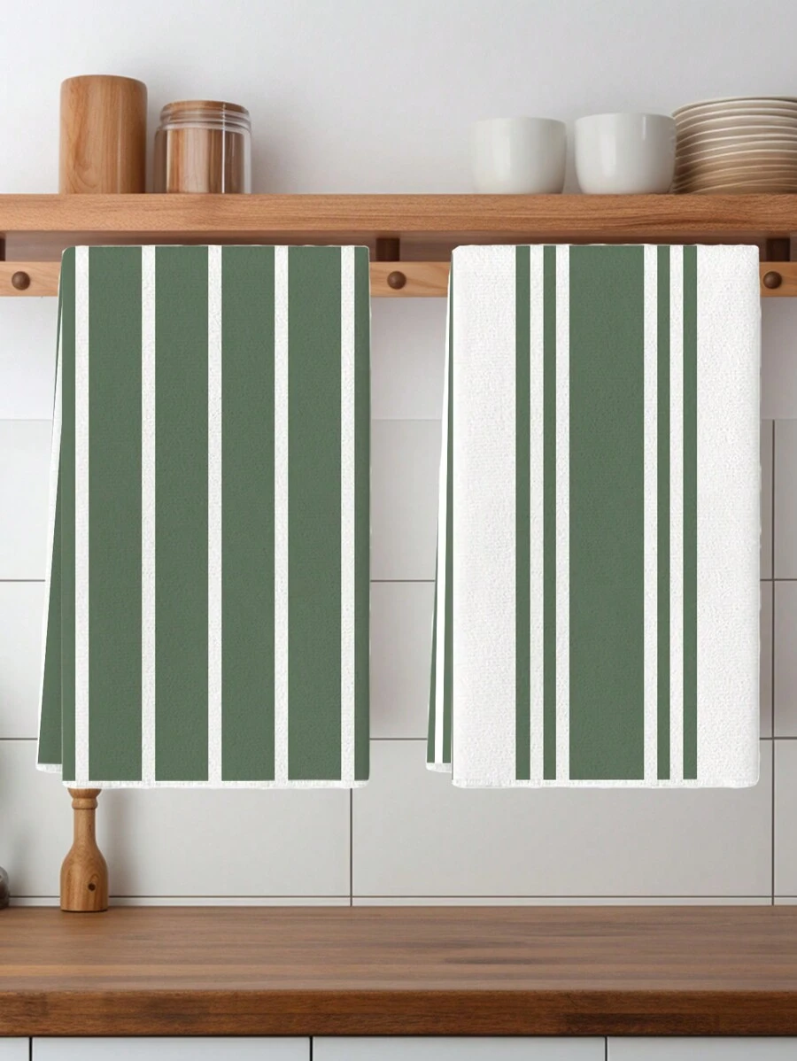 2Pcs Ultra-Soft Microfiber Kitchen Towels - Olive Green, Super Absorbent & Machine Washable For Home And Restaurant Use - Green - View 1