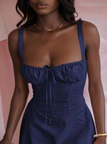 Vestido Corto Elegante De Tirantes De Moda Para Mujer,Vestido Corto de Colores Sólido Para Mujer,Vacaciones en la Playa - Azul Marino - Ver 8