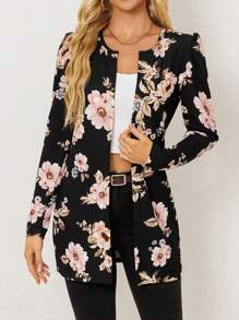 1pc Retro Floral Print Open Front Women Lightweight Jacket, Fashionable Elegant Floral Open Jacket For Spring And Summer Casual Home Office, Long Sleeve, Unlined
