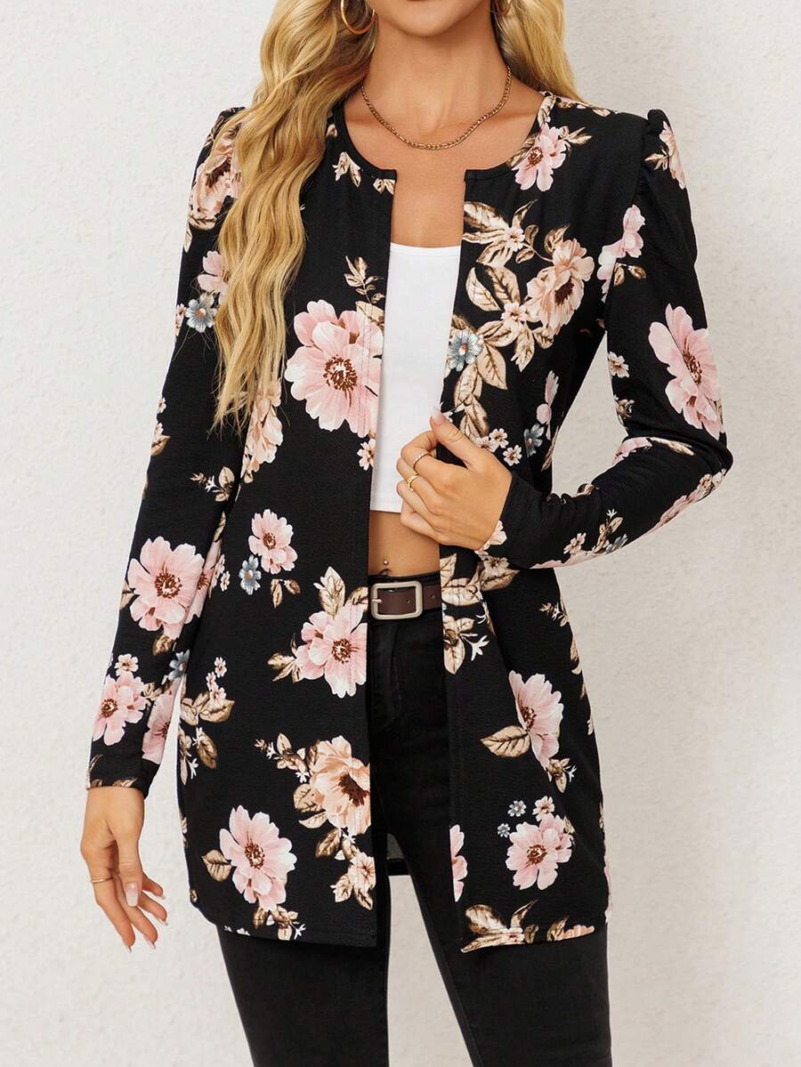 1pc Retro Floral Print Open Front Women Lightweight Jacket, Fashionable Elegant Floral Open Jacket For Spring And Summer Casual Home Office, Long Sleeve, Unlined