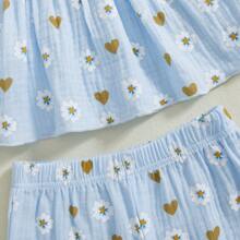 Kids Girls Pants Set, Floral Heart Print Sleeveless Camisole With Trousers Summer Outfit - 藍色 - 查看 5