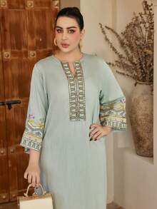 ASBB Heavy Embellished Gold Sequin Embroidered Arabic Women's JALABIYA V-Neck Green Elegant Dress, 2026 Autumn Holiday Party Vacation Casual Outfit, Saudi National Day Outfit - Green - View 10
