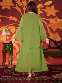 Plus Size Women Rhinestone Embellished Round Neck Solid Color Elegant Maxi Modest Dress (Pearls Randomly Placed, Position May Vary)