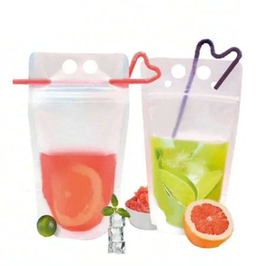 50 Bolsas de Bebidas con 50 Popote - 1000ml Bolsas para Bebidas Bolsas para Bebidas Frias Contenedor de Bebidas de Hielo Bolsas Reutilizables para Bebidas Transparentes para Bebidas Frias y Calientes - transparente - Ver 1