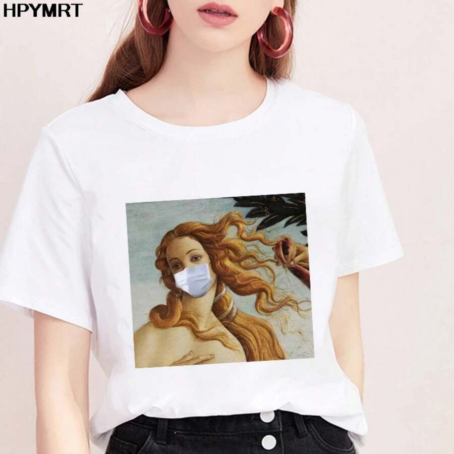 Spoof Famous Painting Venus Wearing A Mask Print T Shirts Women Aesthetics Funny Tshirts Casual Tops New T-Shirt Female Clothing - White - View 1