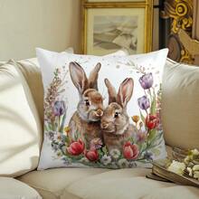 1 件简约可爱复古花卉兔子装饰枕套，柔软桃色天鹅绒面料，单面印花，45*45 厘米枕套，复活节礼物