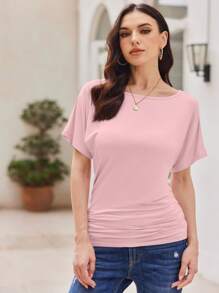 HIGHFINE Women's Classic Short-Sleeved Boat-Necked Side-Pleated Dolman Shawl Top