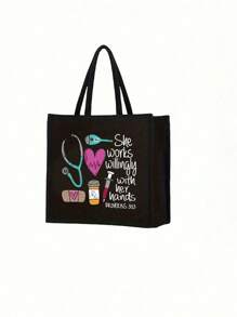 一套护士主题帆布手提袋和化妆包，休闲风格，布料材质，固定肩带，印有听诊器、心形、注射器、体温计图案，“她的双手勤劳” - 黑色 - 查看 12