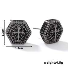 2pcs Hip-Hop Cross Luxury Cubic Zirconia Hexagon Stud Earrings, Fashionable Minimalist Personalized Earrings For Men & Women
