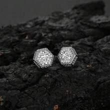 2pcs Hip-Hop Cross Luxury Cubic Zirconia Hexagon Stud Earrings, Fashionable Minimalist Personalized Earrings For Men & Women