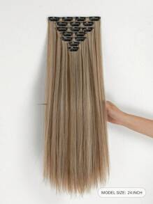 22" Black Brown With Golden Highlights Straight Hair Extension Clip-In, Suitable For Women, Golden Fluffy Red Brown Wavy Synthetic Hair Extension Clip-In Silver Dark Brown Hair Extension Clip-In - Brown Ombre - View 3