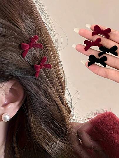 2pcs Red Bow Hair Clips Female Cute Princess Head Fringes Side Clip Forehead New Alligator Hair Clip Holiday Clip Headwear Hair Accessories For Women