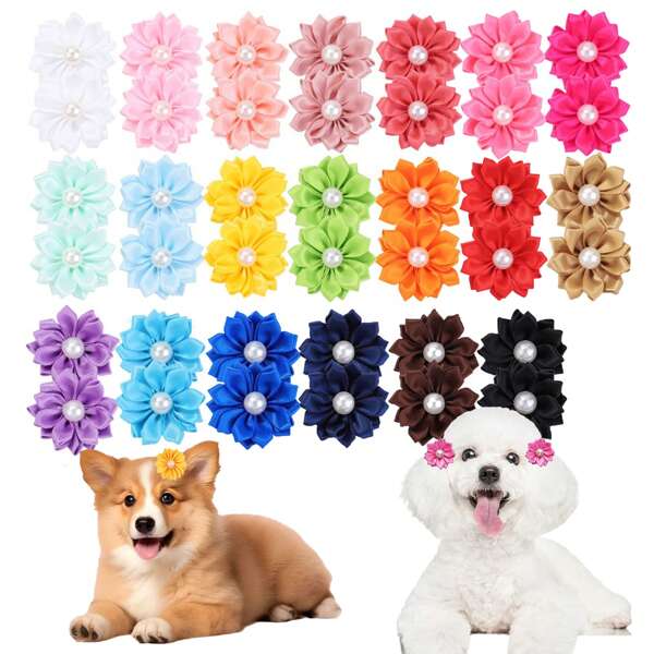 10pcs/Set Random Color Pet Fashion Accessories, Faux Pearl Bow Flower Polyester Hair Ties/Hair Bands, Cute & Elegant Headwear For Cats & Dogs