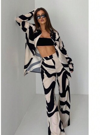 Women's Fashion Casual Color Block Print Long Sleeve Shirt And Pants Suit