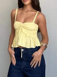 Women Spaghetti Strap Crop Tops Shirred Ruched Tie-Up Camisole Sweetheart Neck Sleeveless Ruffle Hem Babydoll Shirts - Màu vàng - Xem 1