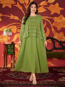 Plus Size Women Rhinestone Embellished Round Neck Solid Color Elegant Maxi Modest Dress (Pearls Randomly Placed, Position May Vary)