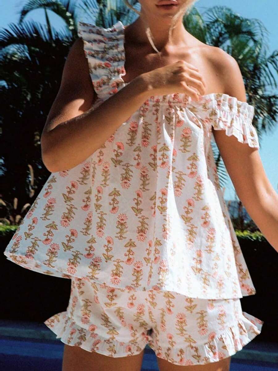 Women Floral Print Summer Set Square Neck Flutter Sleeve Loose Tank Tops Ruffled Shorts 2-Piece Outfits - Blanco - Ver 1