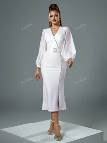 Fuaheng V-hals lantaarnmouw strass decor taille versmallende witte nauwsluitende jurk, feestjurk, bruiloftsgastjurk, formele jurk, avondjurk