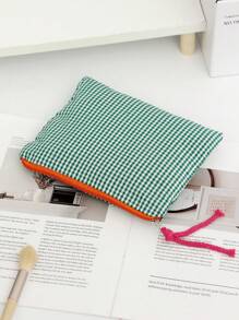 1Pc/Set Plaid Design Green Color Contrast With String Multi-Functional Cosmetic Organizer Handbag Bath Shower Wallet Pouch Portable Cosmetics Brush Storage Clutch With Zipper Closure For Lipstick, Brush, Skincare, Mobile Phone, Coin, Small Items Summer Travel, Vacation Home Bathroom Decor Holiday Bathroom Accessories Back To School