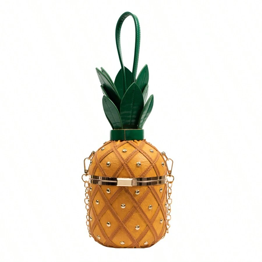 Personalized Pineapple Shape Bag Small Fresh Literary Girl Crossbody Rivet Chain Cylinder Bag - Brown - View 1