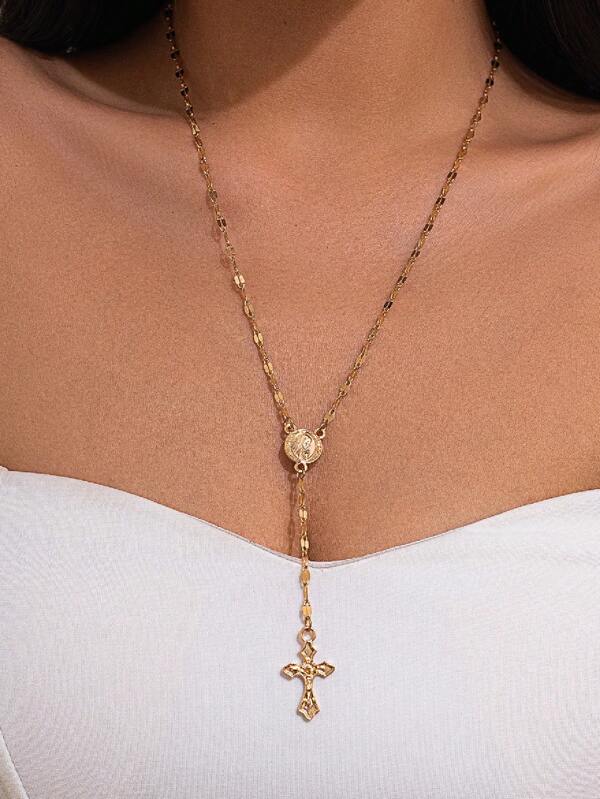 1 st. Modieuze elegante Maagd Maria reliëf Y-vormige lange ketting, vintage religieuze kruis hanger trui ketting voor vrouwen, geschikt voor dagelijks gebruik en bijeenkomsten