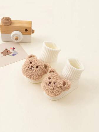 1 双婴儿可爱熊装饰棉质短袜，幼儿防滑室内袜