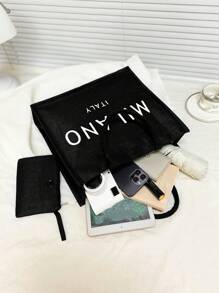 一套亚麻手提袋，包含一个印有“米兰，意大利”字样的手提袋和一个小收纳袋，可定制字母、花朵等图案，个性化礼品包装，适合婚礼、生日、海滩、节日等场合，是送给女性、母亲、教师、朋友、伴娘、学生、返校季的完美礼物。 - 黑色 - 查看 4